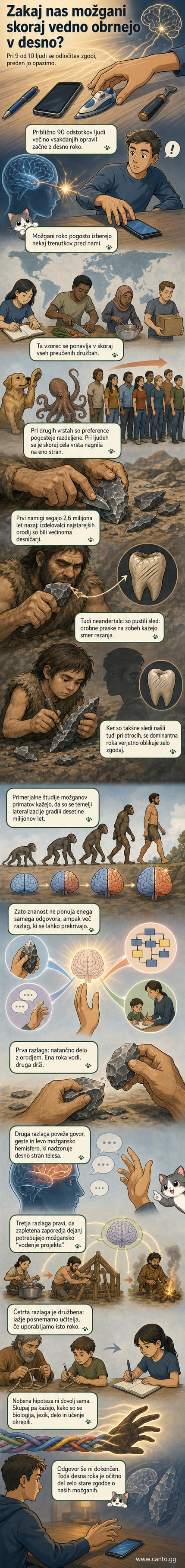 Ilustracija možganov z označeno levo hemisfero, ki nadzoruje desno roko, poleg pa fosilna orodja in praske na zobeh, ki dokazujejo desnoročnost že pri neandertalcih.
