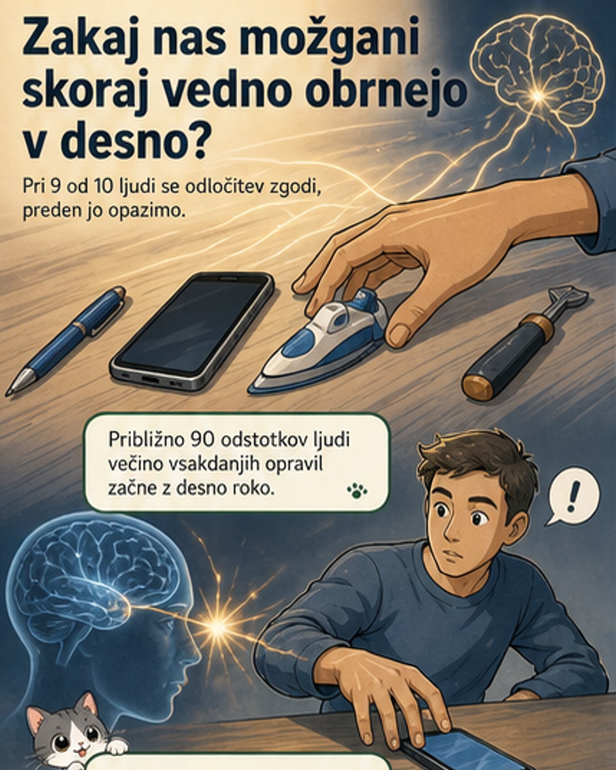 Ilustracija možganov z označeno levo hemisfero, ki nadzoruje desno roko, poleg pa fosilna orodja in praske na zobeh, ki dokazujejo desnoročnost že pri neandertalcih.