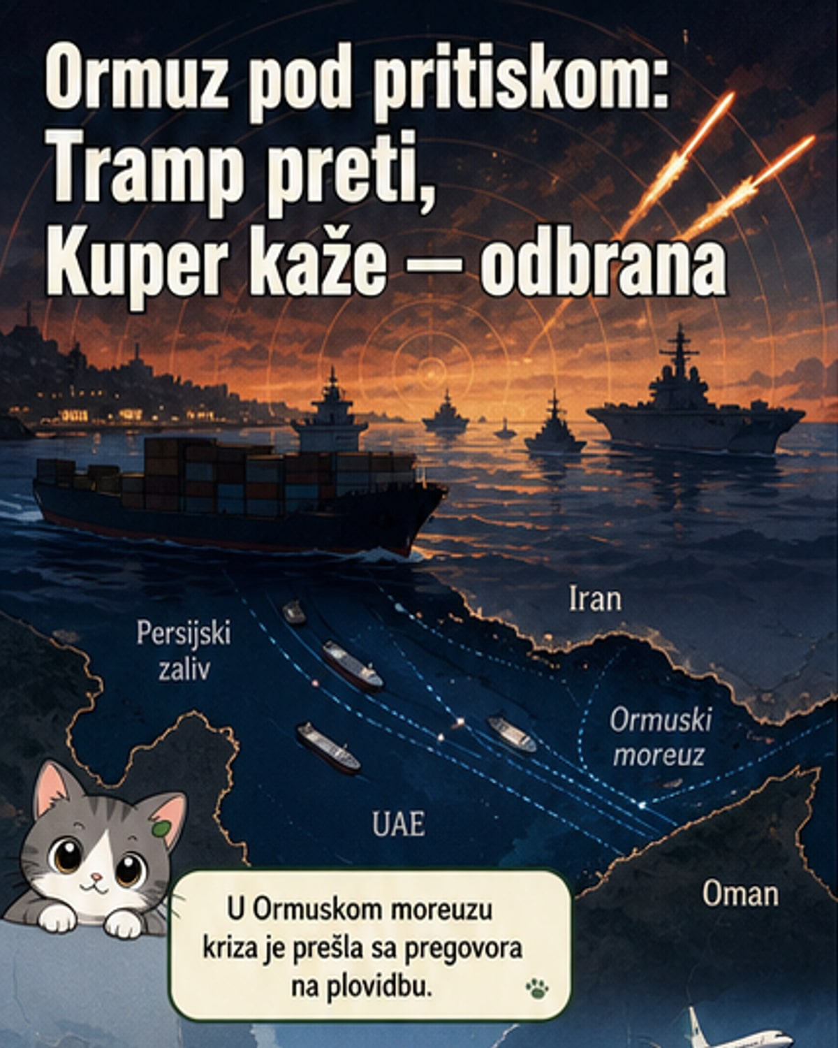 Илустрација: Амерички поморски бродови улазе у Ормузки мореуз под војном заштитом, док се у позадини виде експлозије и цивилни авиони у прусмеравању.