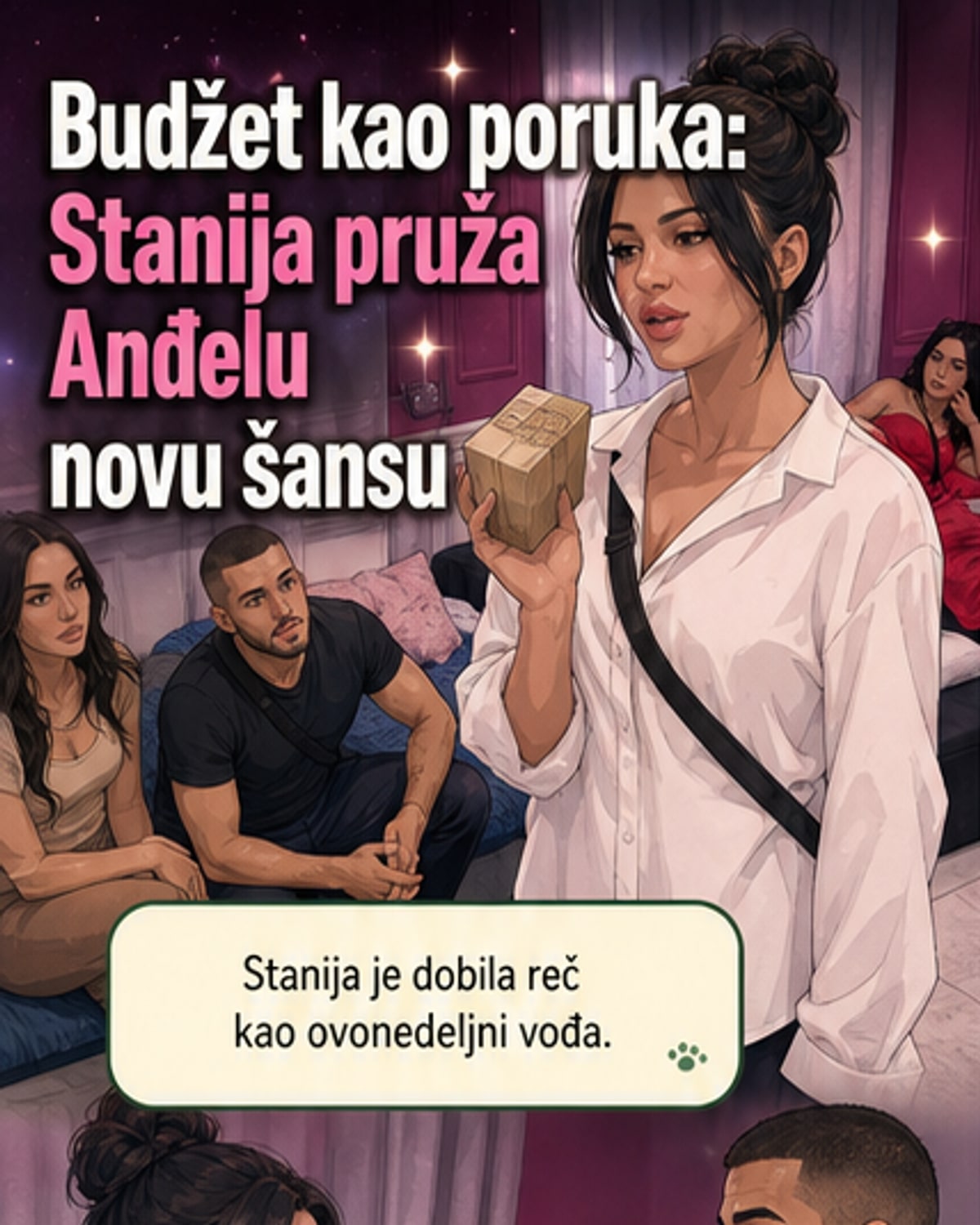 Станија Добројевић у Задрузи држи микрофон и говори, позади је Анђело Ранковић, сцена је осветљена као у телевизијској кући.