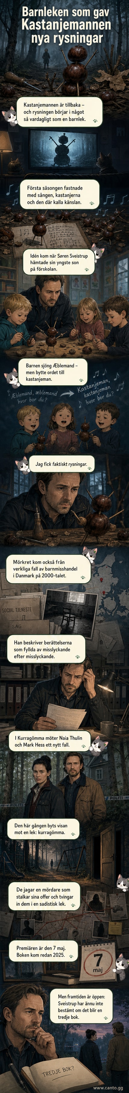 Två poliser står i skugga i en mörk skog, en kastanjeman figur ligger på marken framför dem.