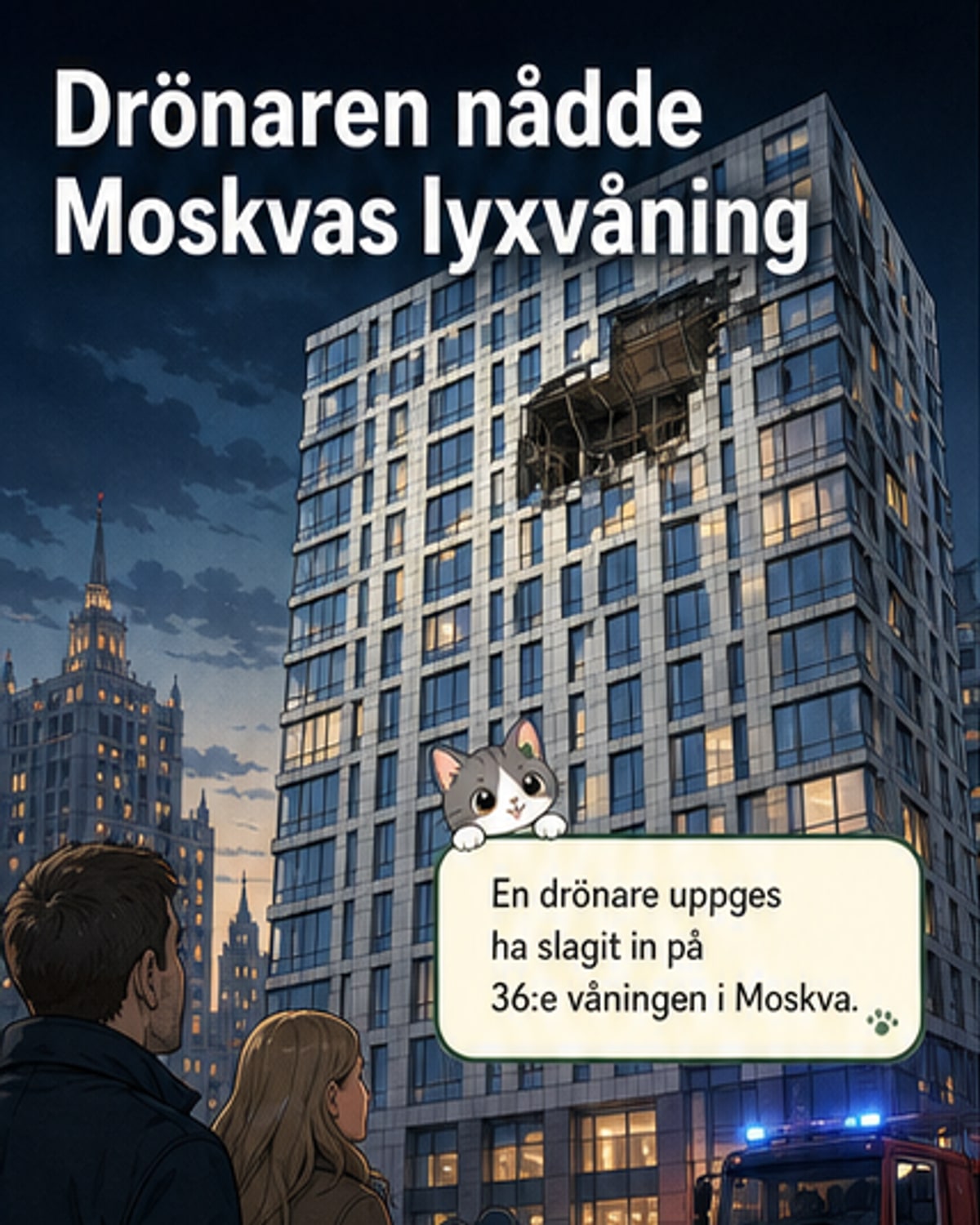 En drönare slår in på en lyxbostadsskrapa i Moskva under mörkret, med rök och skador synliga på fasaden.