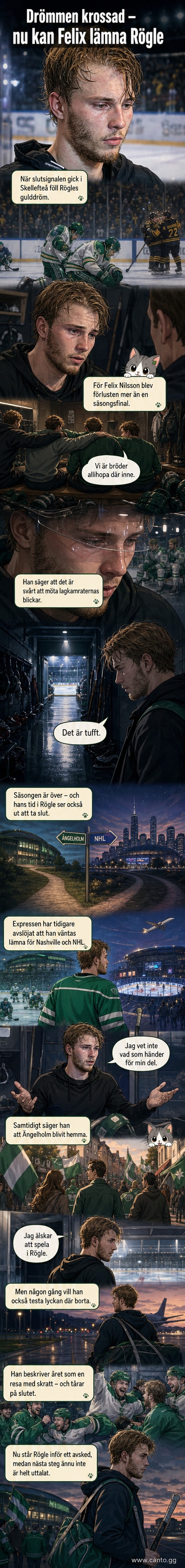Felix Nilsson står känslovis på isen i Rögletröjan efter sista matchen för säsongen, med blicken mot publiken.