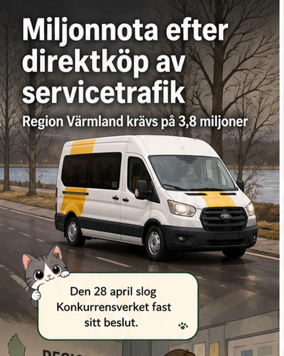 Illustration av en buss med en stämpel som säger 'olaglig upphandling' och en påse med pengar märkt 3,8 miljoner kronor på väg till Konkurrensverket.