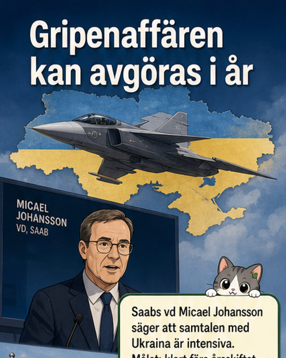 Illustration av ett Gripen E-jaktplan i flyg, med Saabs logotyp och karta över Sverige och Ukraina i bakgrunden.
