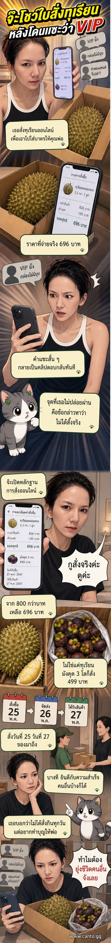 นักร้องสาว จ๊ะ นงผณี ยืนถือกล่องทุเรียน มองกล้องด้วยสีหน้าตั้งคำถาม หลังถูกวิจารณ์การซื้อออนไลน์เพื่อใส่บาตร