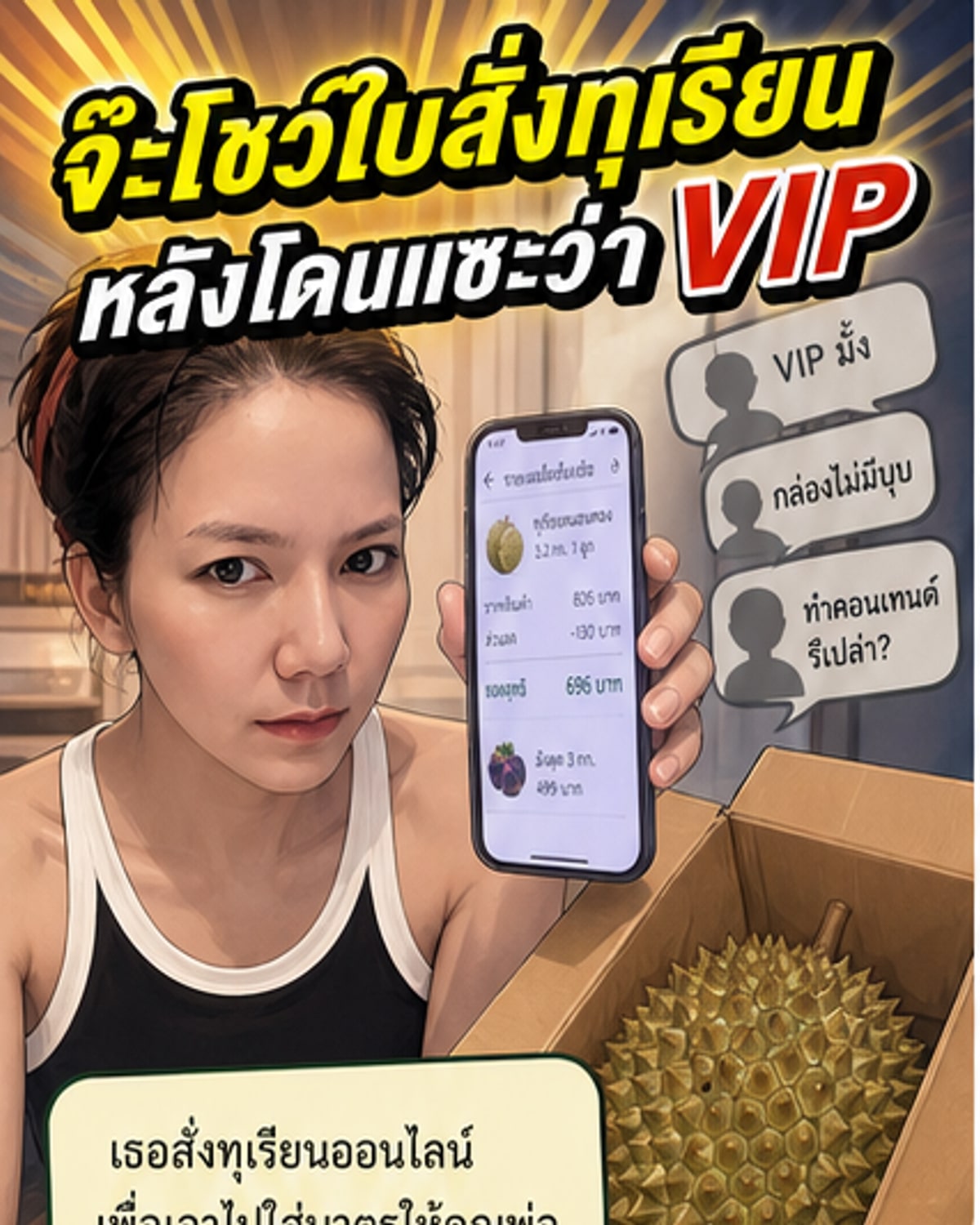 นักร้องสาว จ๊ะ นงผณี ยืนถือกล่องทุเรียน มองกล้องด้วยสีหน้าตั้งคำถาม หลังถูกวิจารณ์การซื้อออนไลน์เพื่อใส่บาตร