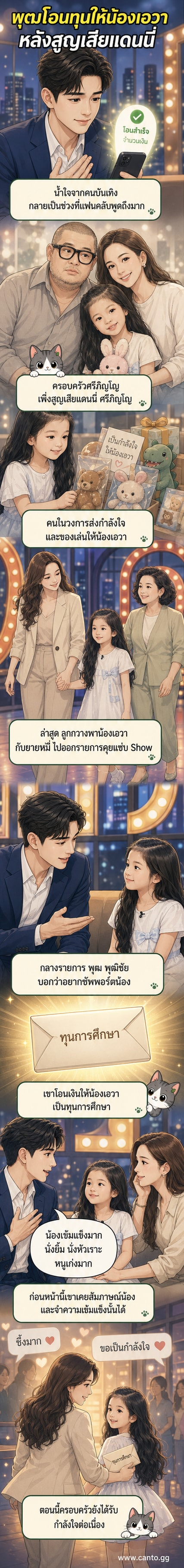 ภาพประกอบเว็บตูนข่าว แสดงนักแสดงหนุ่มยื่นซองทุนการศึกษาให้เด็กหญิง ท่ามกลางบรรยากาศอบอุ่น
