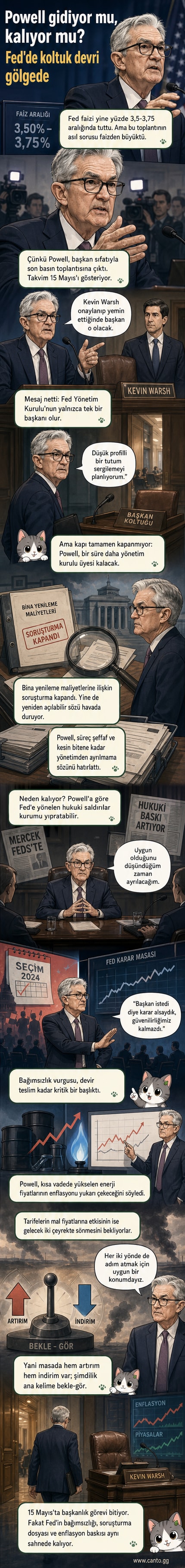 Jerome Powell'un Fed binasında yaptığı son basın toplantısının stilize çizimi, arkada ABD bayrağı ve Federal Reserve logosu var.