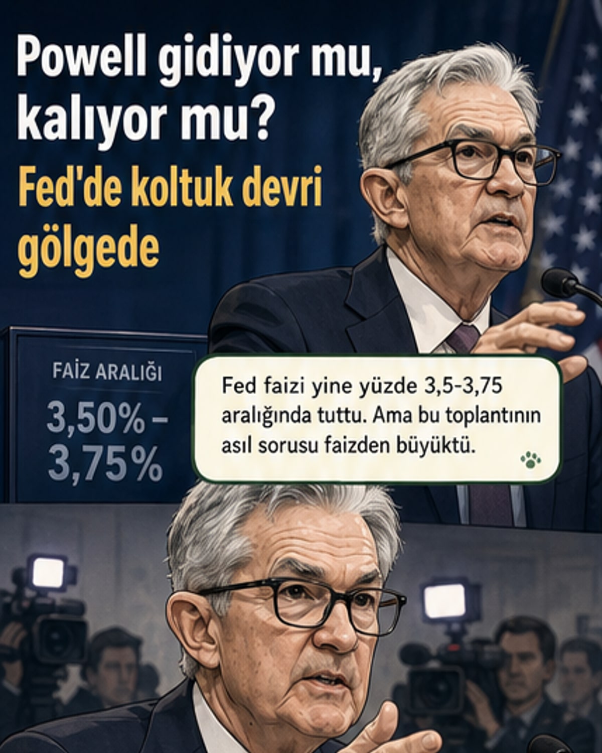 Jerome Powell'un Fed binasında yaptığı son basın toplantısının stilize çizimi, arkada ABD bayrağı ve Federal Reserve logosu var.