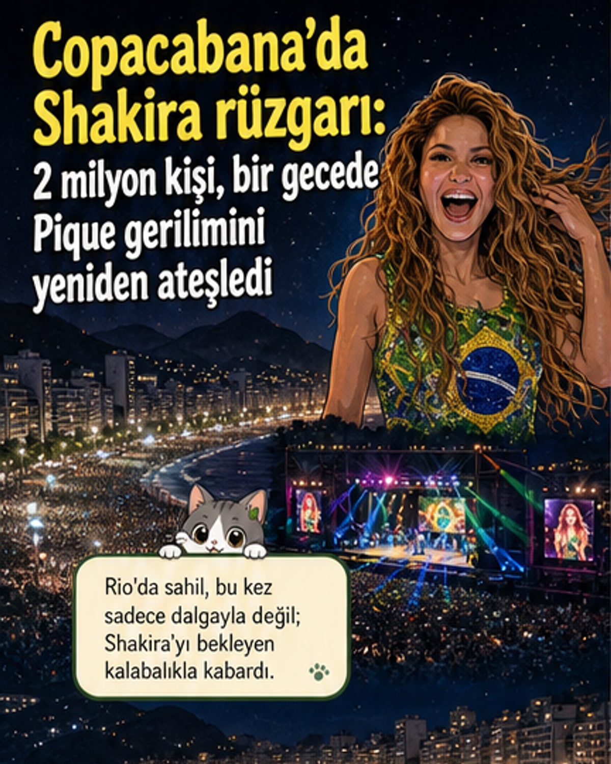 Copacabana Plajı'nda 2 milyon kişiye sahne alan Shakira, arka planda drone ışık gösterisiyle portresi görünürken, kalabalık el çırparak coşkuyla izliyor.