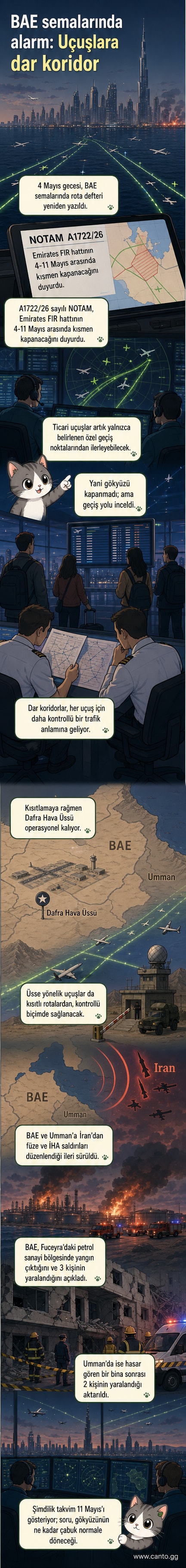 Birleşik Arap Emirlikleri'nin hava sahasında uçuşların dar bir koridora sıkıştırıldığı ve kısmen kapatıldığı bir harita gösterimi. Ülkenin kuzey kesiminde yangın çıkan Fuceyra petrol sanayi bölgesi işaretli.