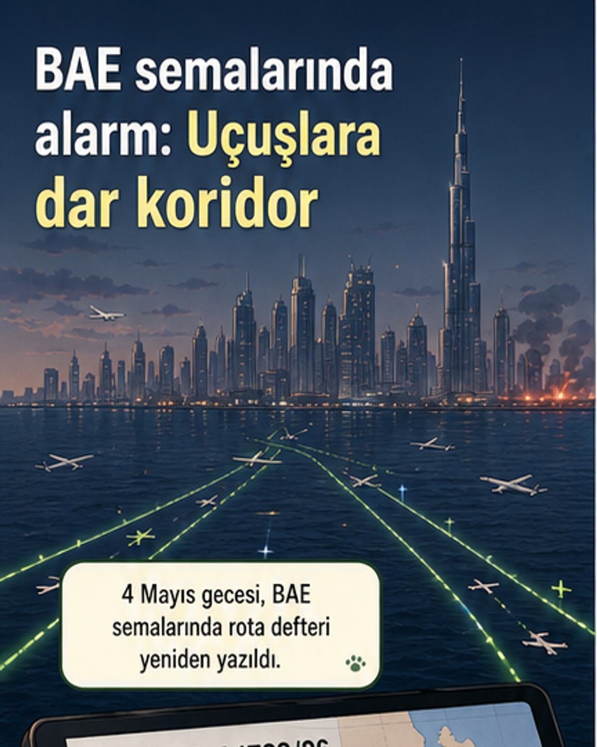 Birleşik Arap Emirlikleri'nin hava sahasında uçuşların dar bir koridora sıkıştırıldığı ve kısmen kapatıldığı bir harita gösterimi. Ülkenin kuzey kesiminde yangın çıkan Fuceyra petrol sanayi bölgesi işaretli.