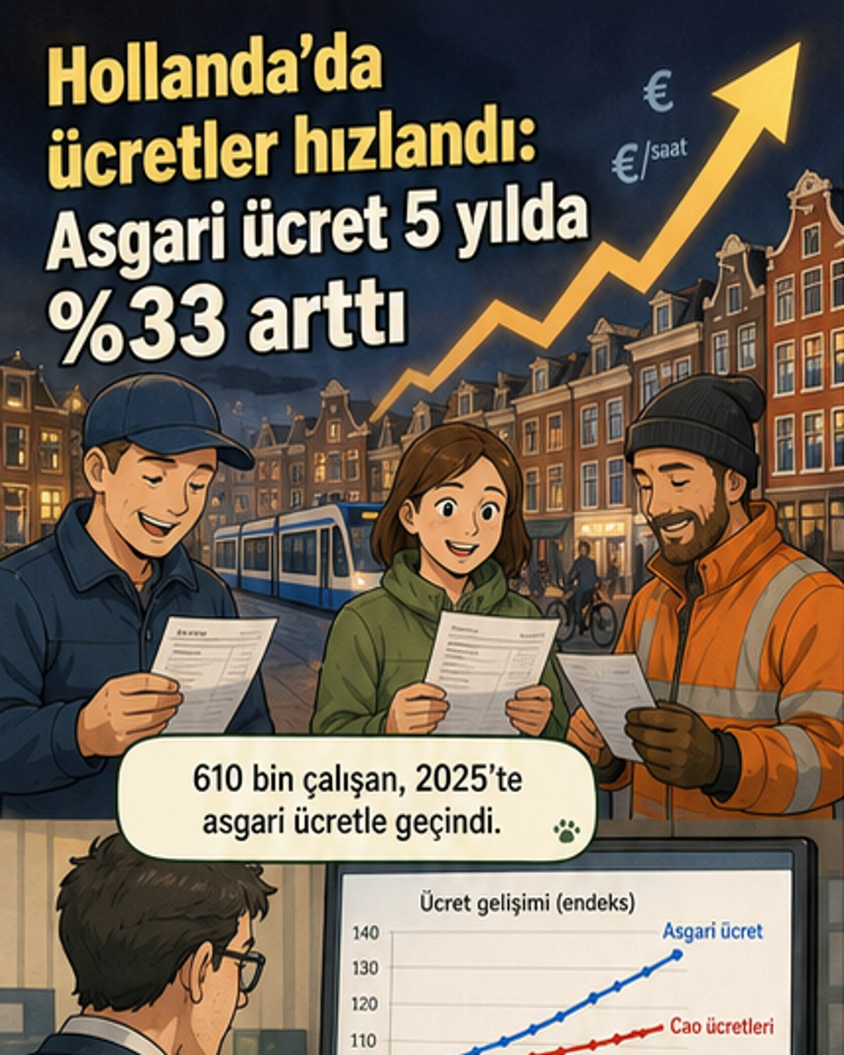 Hollanda bayrağı altında saatlik ücret artışını gösteren grafik ve çalışan bir kadın, genç ve yarı zamanlı işçi figürleri