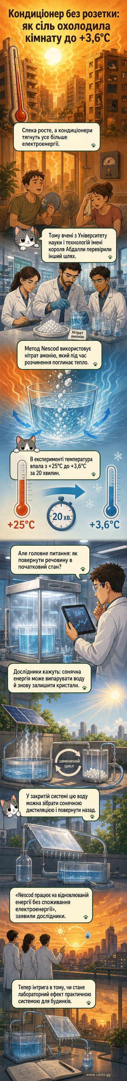 Схематичне зображення системи охолодження Nescod, де нітрат амонію розчиняється у воді під сонячним світлом, відображаючи процес поглинання тепла та регенерації