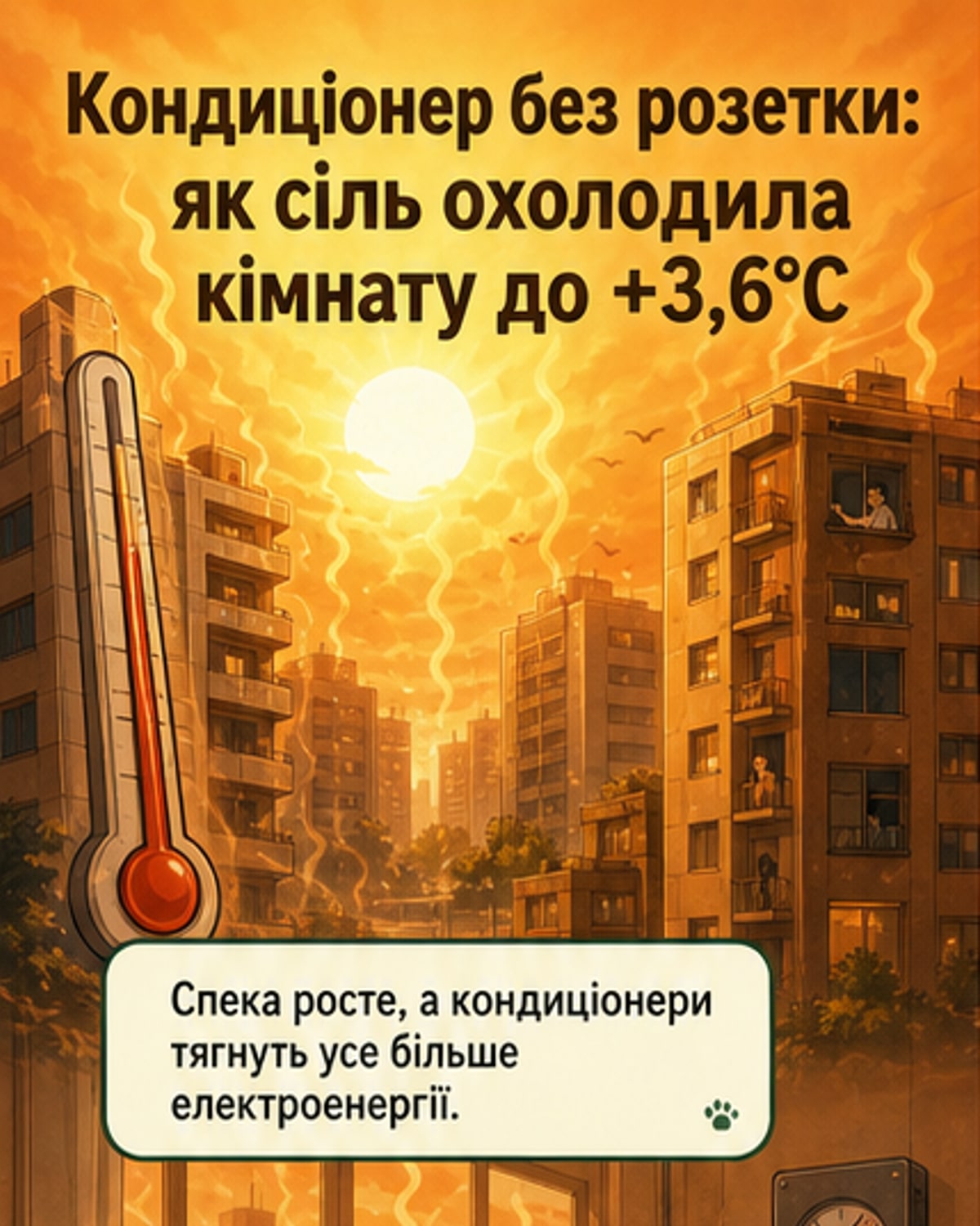 Схематичне зображення системи охолодження Nescod, де нітрат амонію розчиняється у воді під сонячним світлом, відображаючи процес поглинання тепла та регенерації