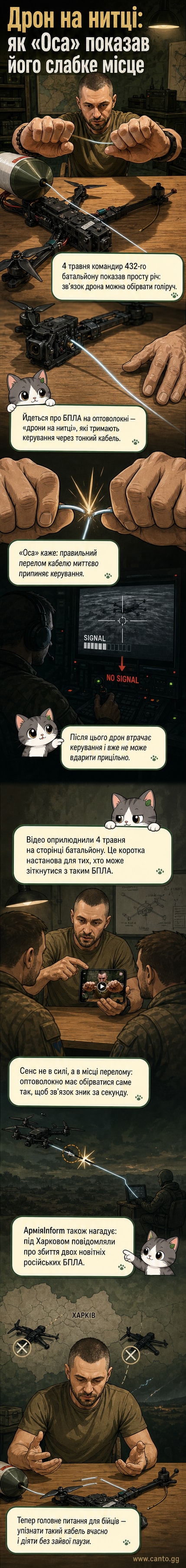 Командир з позивним «Оса» показує, як перерізати оптоволоконний кабель дрона, щоб знешкодити його голіруч.
