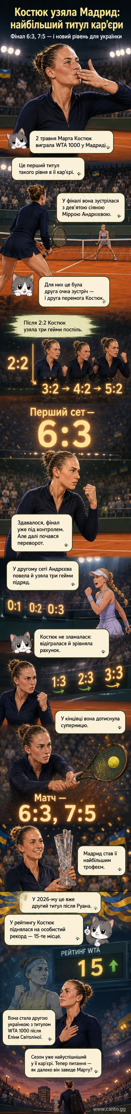 Марта Костюк піднімає кубок чемпіонки турніру WTA 1000 у Мадриді, святкуючи перемогу на центральному корті