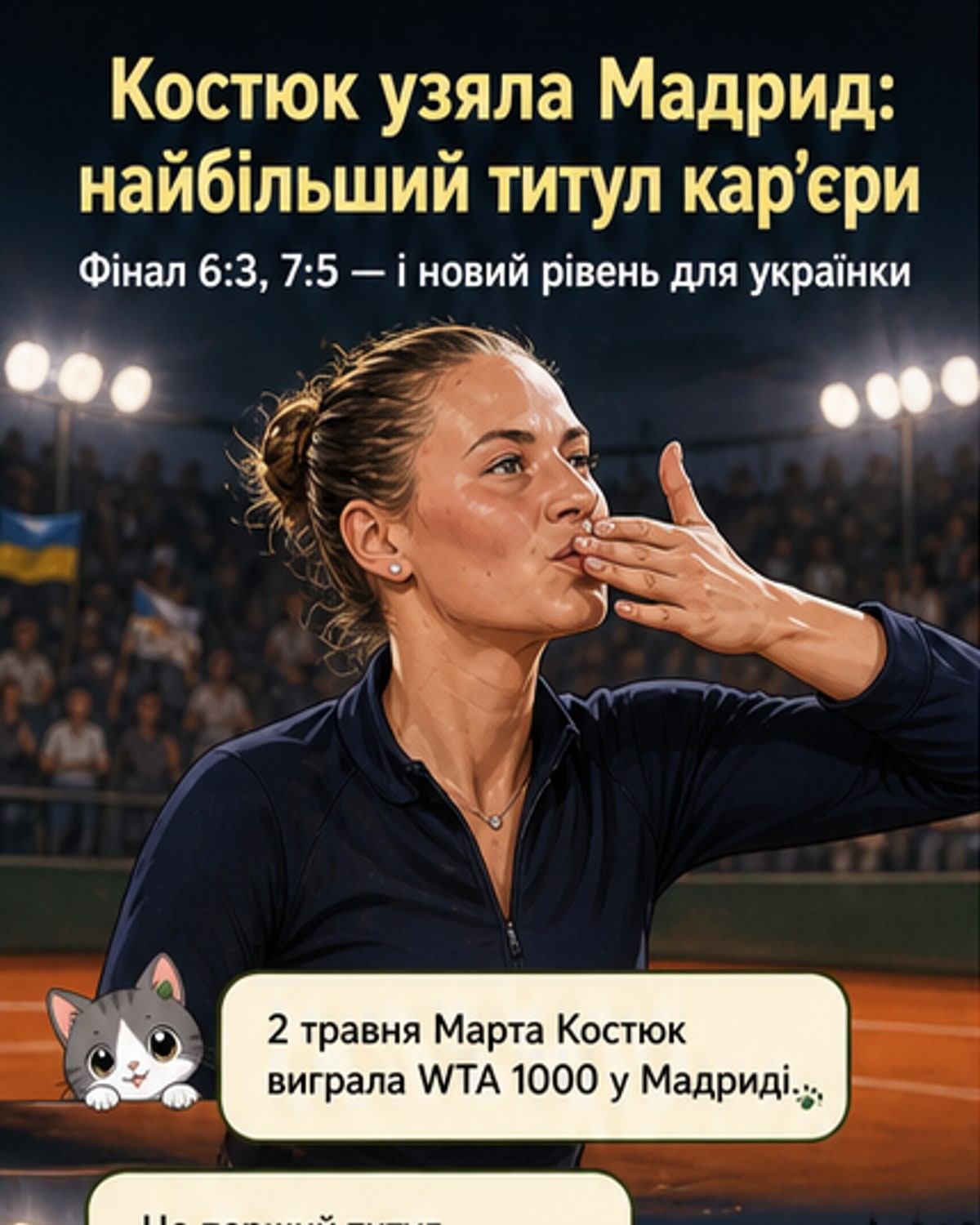 Марта Костюк піднімає кубок чемпіонки турніру WTA 1000 у Мадриді, святкуючи перемогу на центральному корті