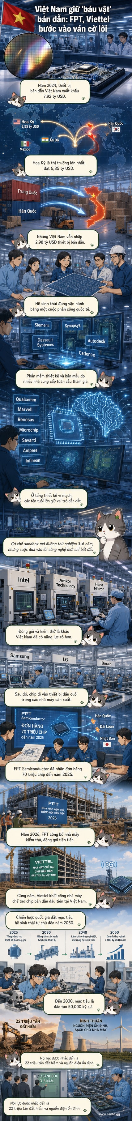Minh họa chuỗi giá trị bán dẫn tại Việt Nam với hình ảnh chip, nhà máy công nghệ cao, biểu tượng đất hiếm và các công ty như FPT, Viettel, Qualcomm, Intel