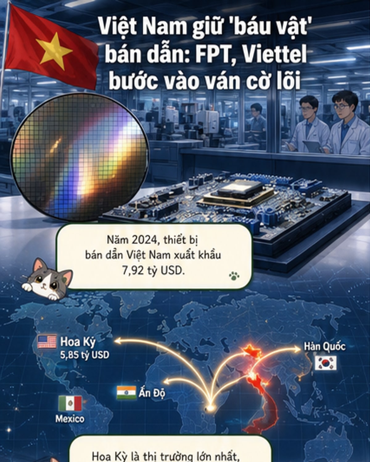 Minh họa chuỗi giá trị bán dẫn tại Việt Nam với hình ảnh chip, nhà máy công nghệ cao, biểu tượng đất hiếm và các công ty như FPT, Viettel, Qualcomm, Intel