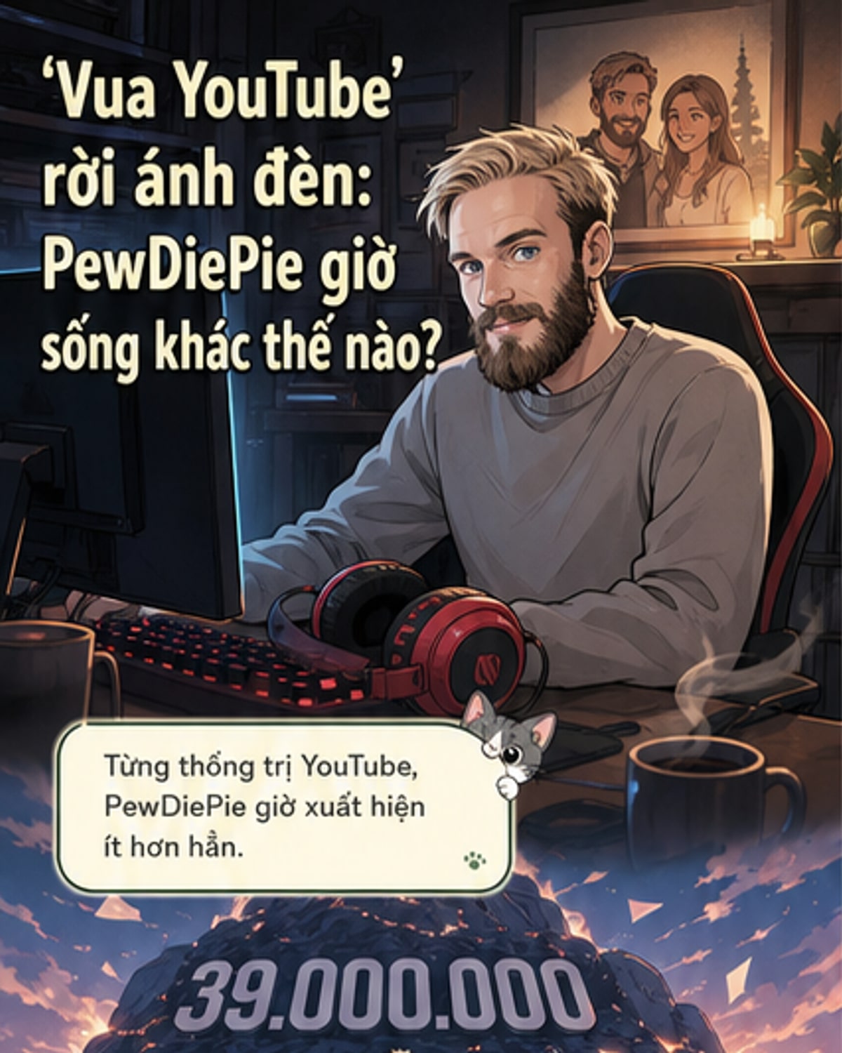 Hình ảnh minh họa PewDiePie bên vợ và con trai nhỏ tại Nhật Bản, với biểu tượng YouTube mờ phía sau tượng trưng cho quá khứ nổi tiếng.