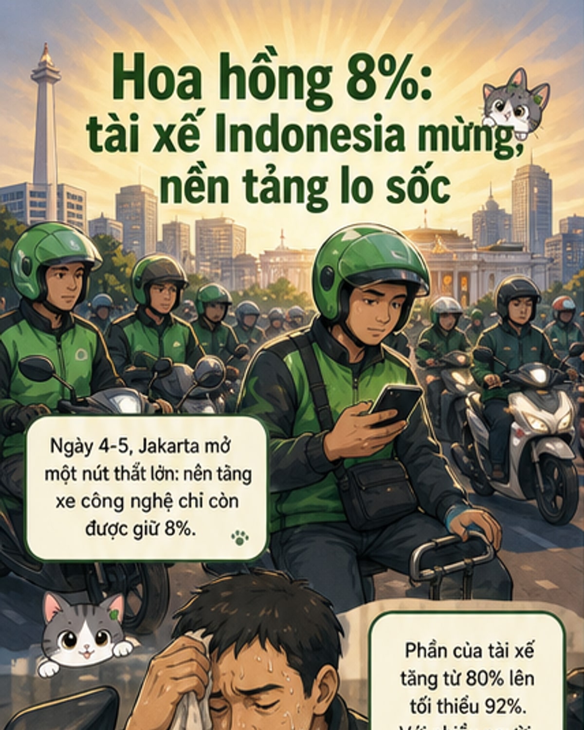 Hai tài xế xe ôm công nghệ đang dừng xe trên đường phố Jakarta, Indonesia, trong khung cảnh thành phố nhộn nhịp.
