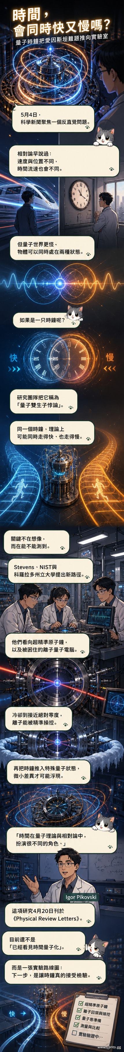 一幅科學插畫展示兩個量子態的離子在時間流速不同的軌道上疊加，背景為相對論與量子符號交織的宇宙圖景