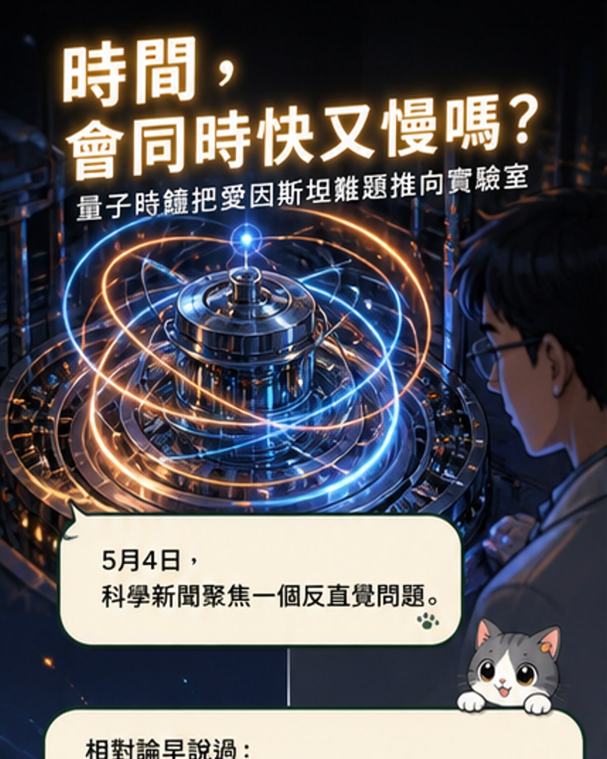 一幅科學插畫展示兩個量子態的離子在時間流速不同的軌道上疊加，背景為相對論與量子符號交織的宇宙圖景