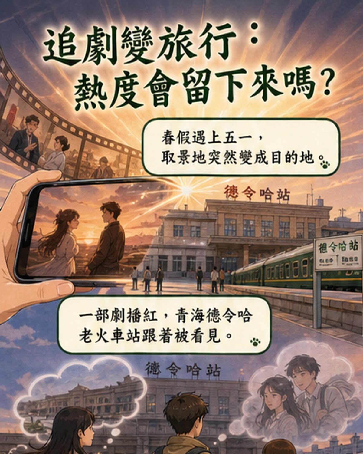 一列火車駛過青海德令哈的荒原車站，站牌上寫著《生命樹》取景地，遠處有旅客拿著劇照對比取景，天空遼闊。