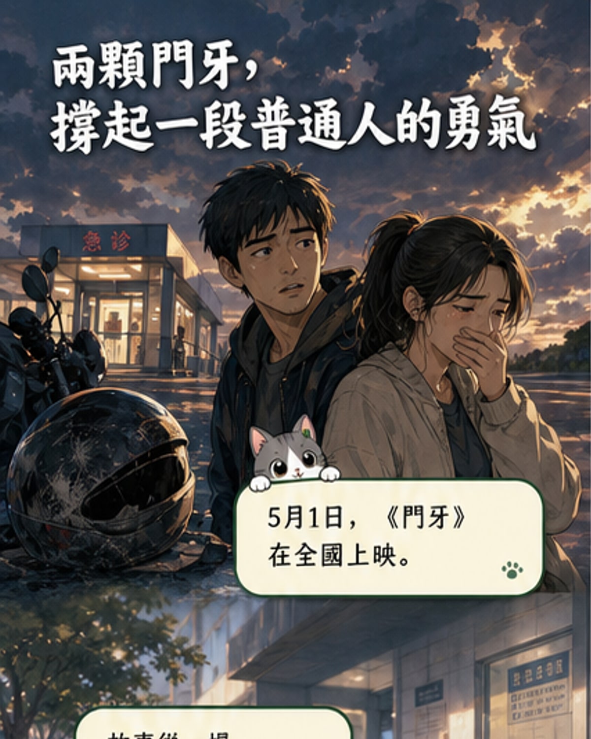 電影《門牙》海報風格插畫:男主角背著女主角騎摩托車,她抬手輕撫嘴角,背景是城市夜景與牙齒輪廓的光影交疊