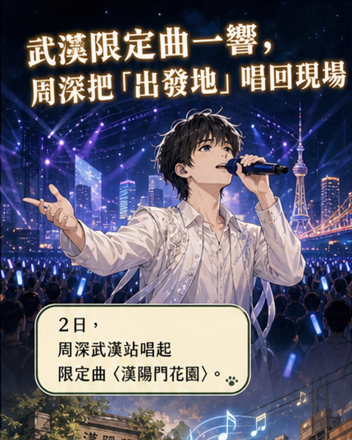 周深在武漢演唱會舞台上演唱《漢陽門花園》,背景投影出漢陽門與花園意象。