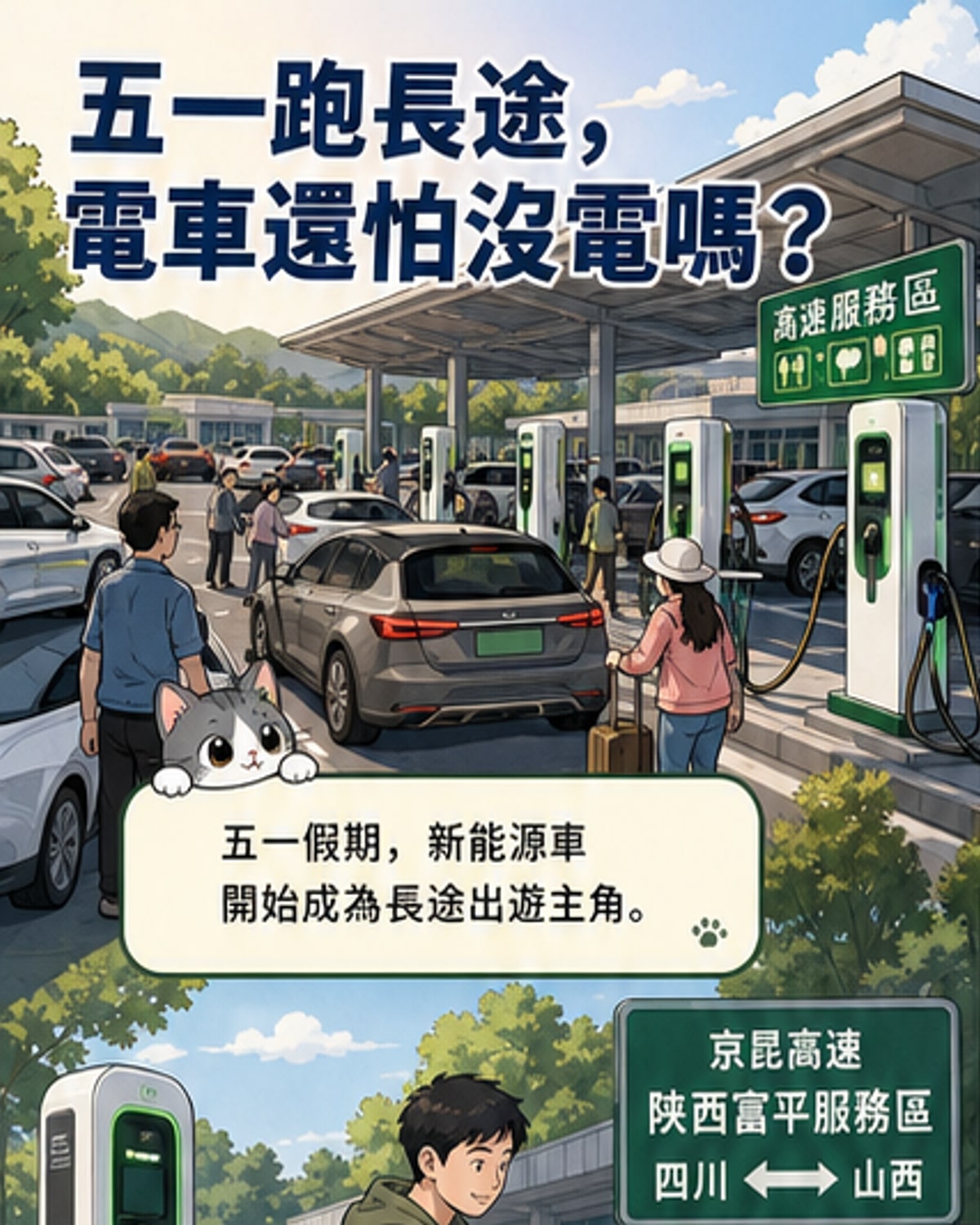 高速公路服務區內，一輛新能源汽車正在使用快充樁充電，旁邊電子看板顯示電量快速上升，背景有遮陽棚與休息座椅，展現便捷的出行體驗。