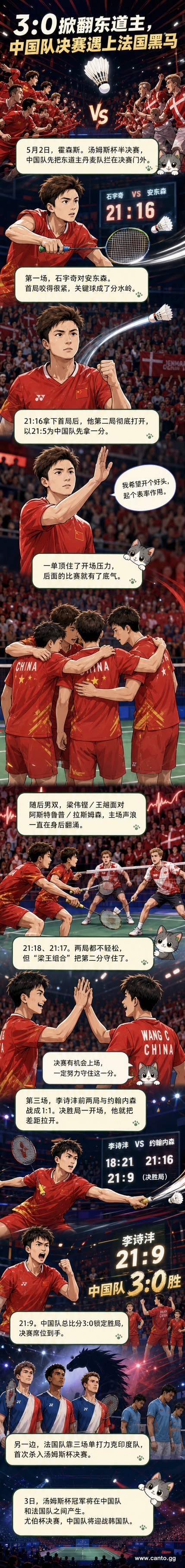 中国队选手石宇奇在汤姆斯杯半决赛后向观众致意，背景是丹麦赛场的热烈氛围。