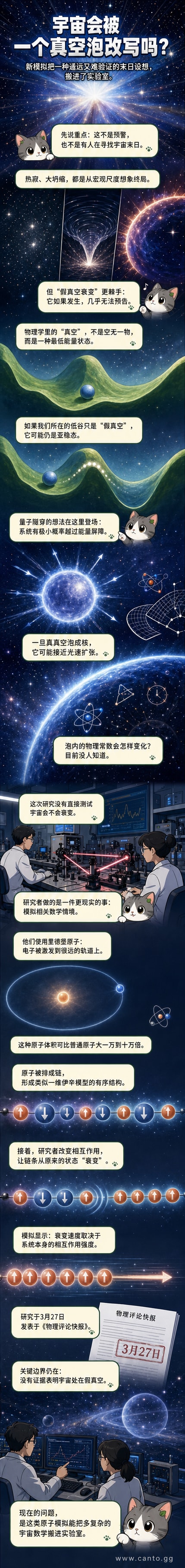 一幅科幻风格的宇宙图像,显示一个发光的真空泡在黑暗中扩张,吞噬周围空间,象征‘假真空衰变’过程。