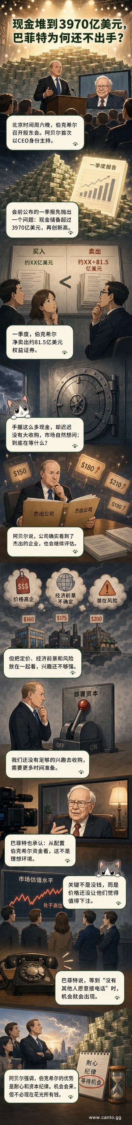 卡通风格插画：巴菲特坐在堆满现金的办公室里，电话静默，窗外是高估值的股市霓虹灯。